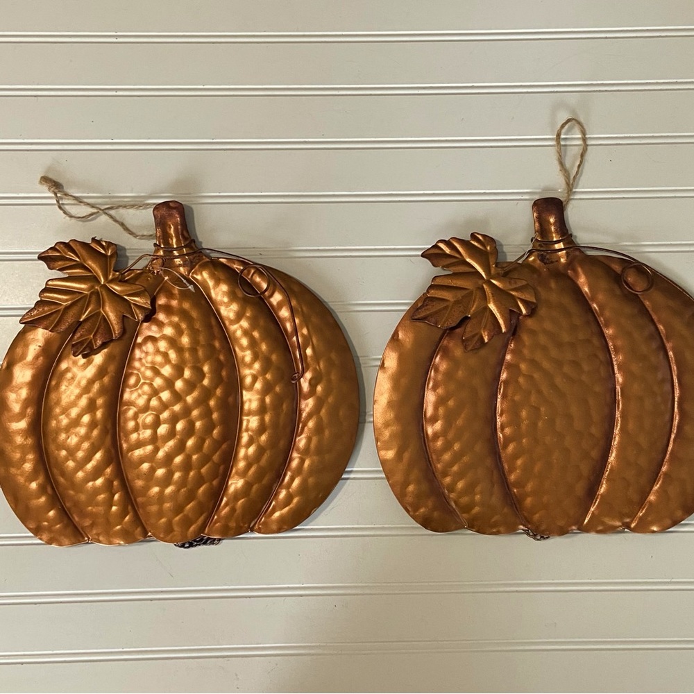 Pair of Copper Color Metal Pumpkin Wall Hanging/Table Top Deco 13 W x 12 H New - Picture 1 of 5